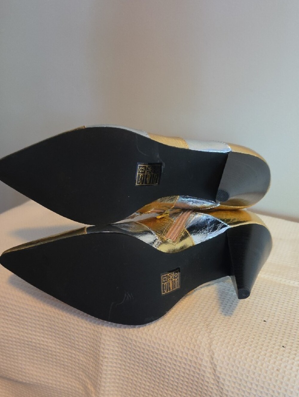 Jeffrey Campbell Metallic Gold & Silver Pointed-Toe Cone Heel Women's Booties - Picture 5 of 6